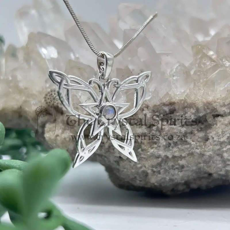 Sterling Silver Celtic Butterfly With Moonstone Cabochon Crystal Pendant