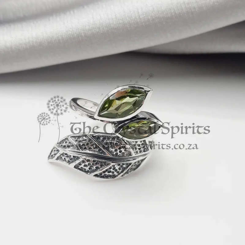 Sterling Silver Faceted 2 Stone Leaf Peridot Crystal Ring