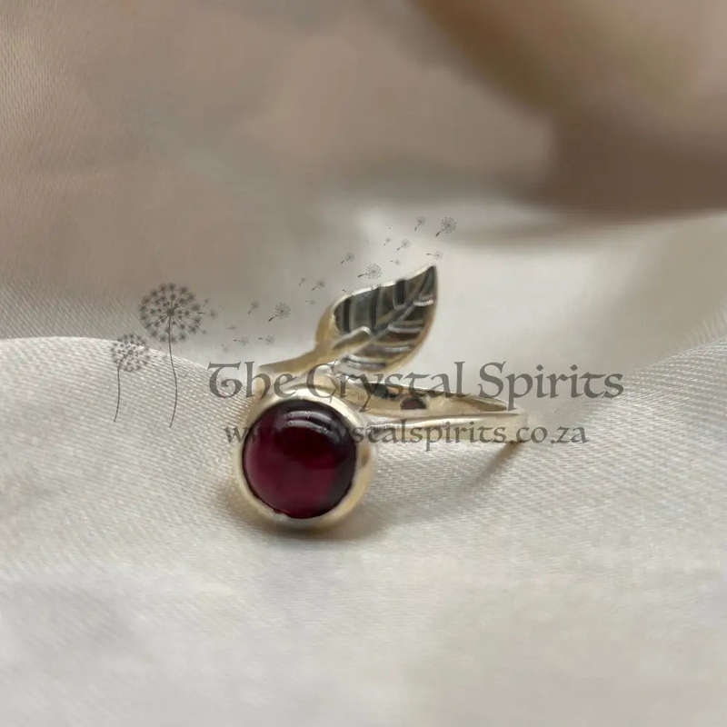 Sterling Silver Garnet Crystal Ring Leaf Design