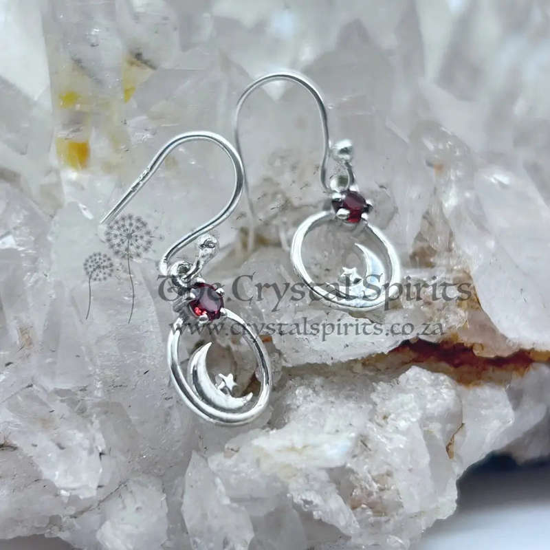 Sterling Silver Garnet Moon And Star Earrings