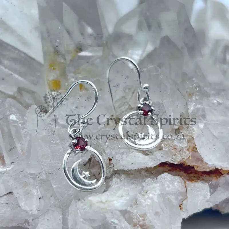Sterling Silver Garnet Moon And Star Earrings