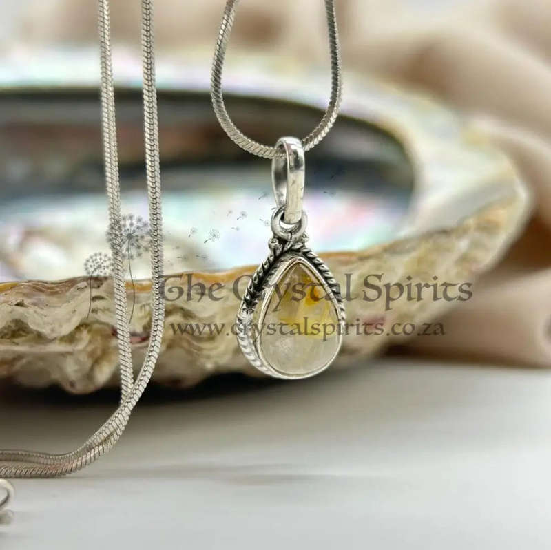Sterling Silver Golden Rutile Quartz Crystal Cabochon Pendant