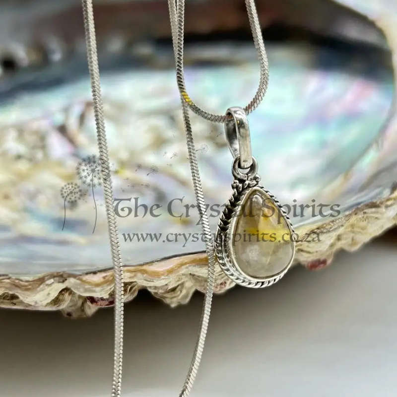 Sterling Silver Golden Rutile Quartz Crystal Cabochon Pendant