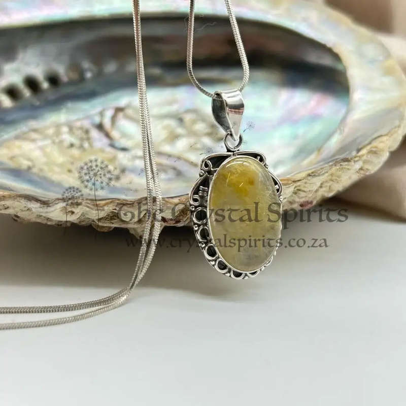 Sterling Silver Golden Rutile Quartz Crystal Cabochon Pendant with Edge-Detailing