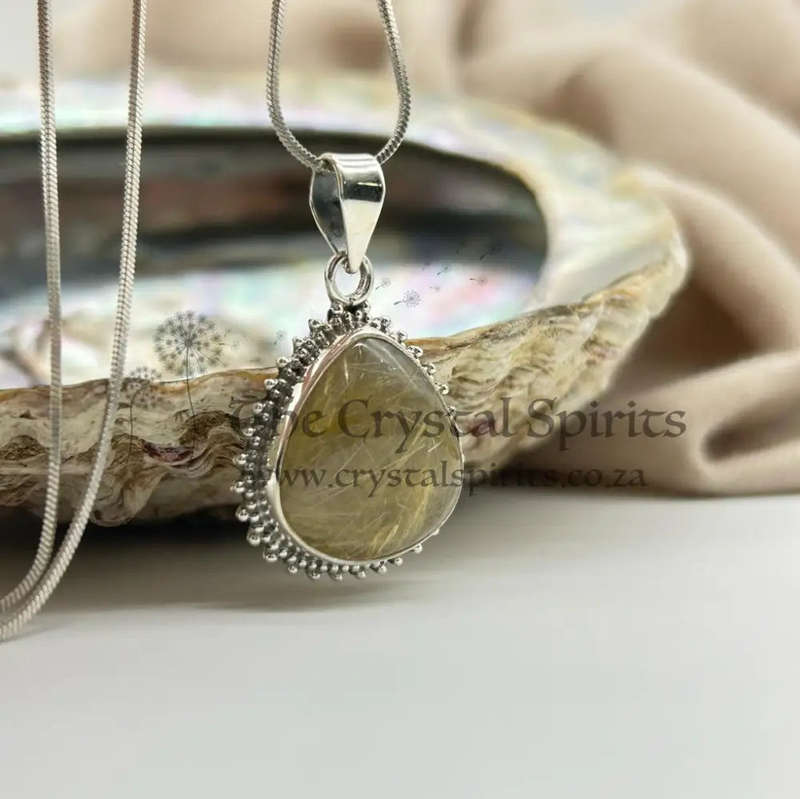 Sterling Silver Large Pear-Shaped Golden Rutile Quartz Crystal Gemstone Cabochon Pendant