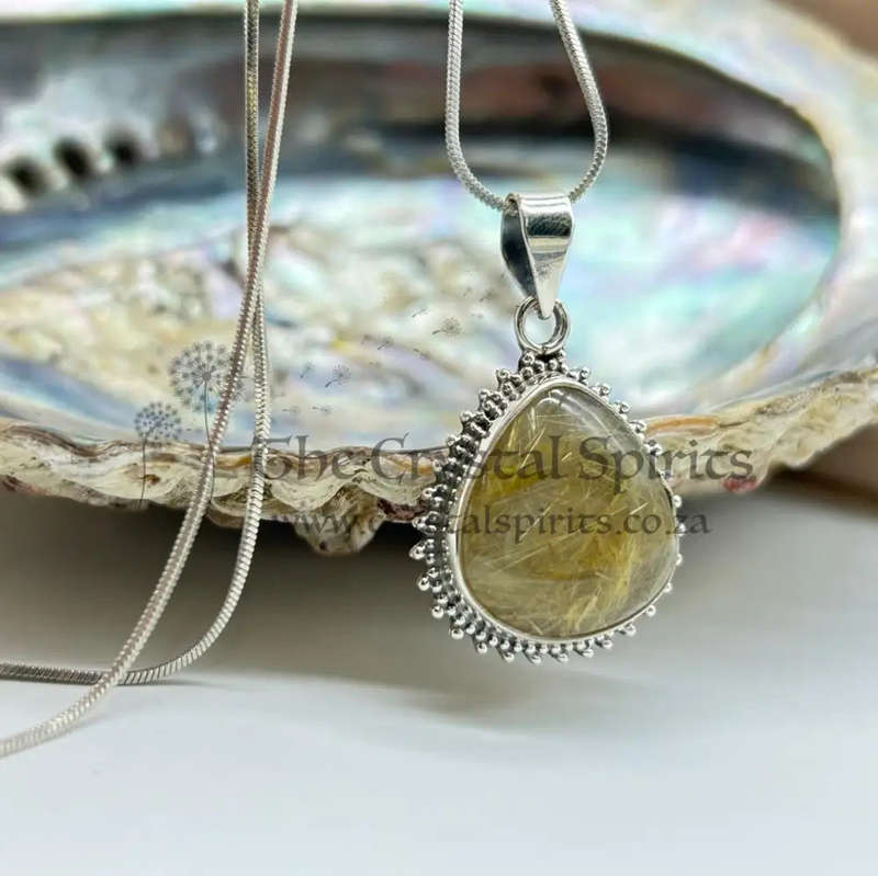 Sterling Silver Large Pear-Shaped Golden Rutile Quartz Crystal Gemstone Cabochon Pendant