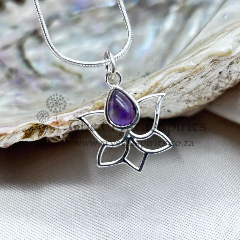 Sterling Silver Lotus with Drop Amethyst Crystal Pendant