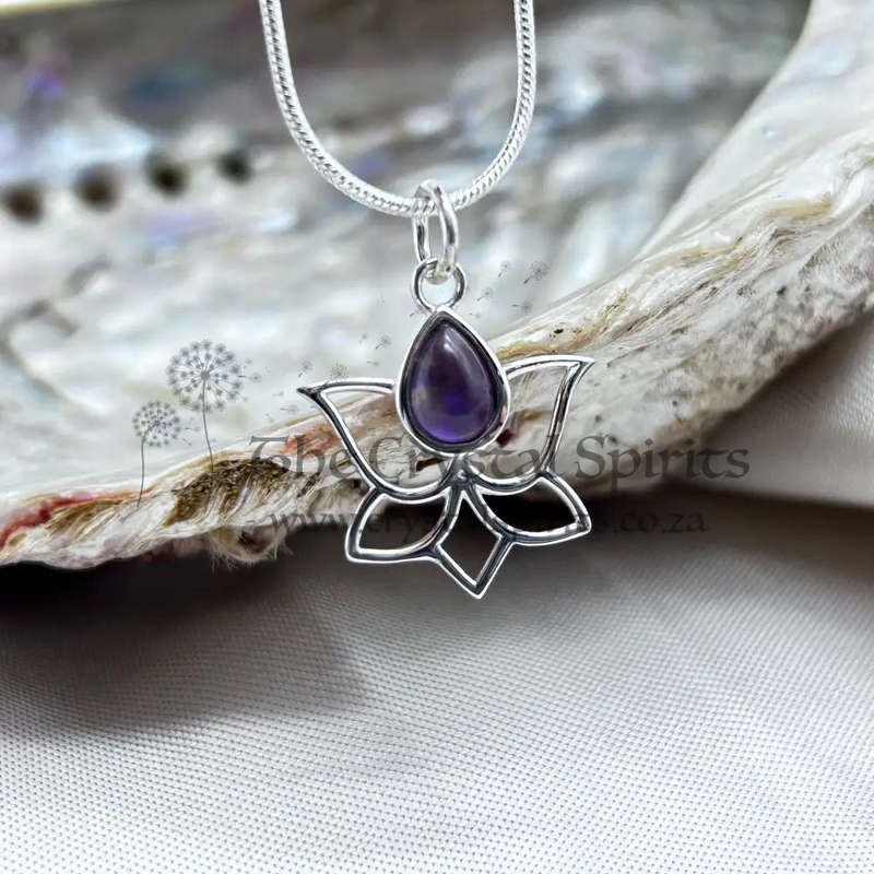 Sterling Silver Lotus with Drop Amethyst Crystal Pendant