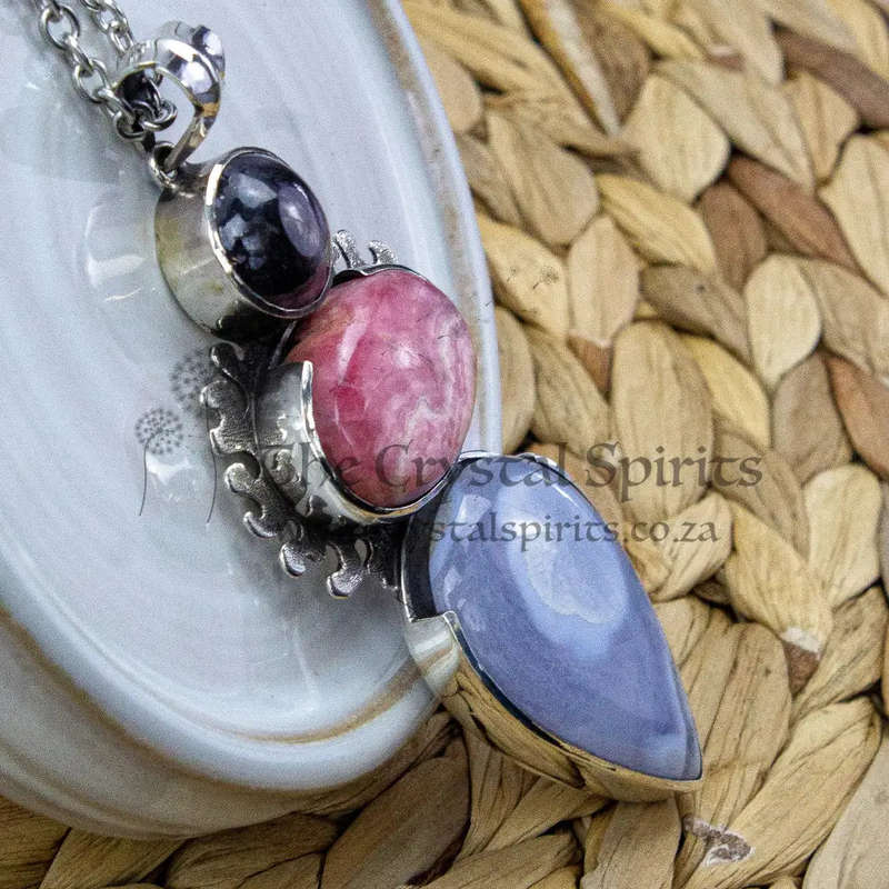Sterling Silver Madagascan Ruby, Rhodochrosite and Blue Lace Agate Crystal Gemstone Pendant (Nepal)