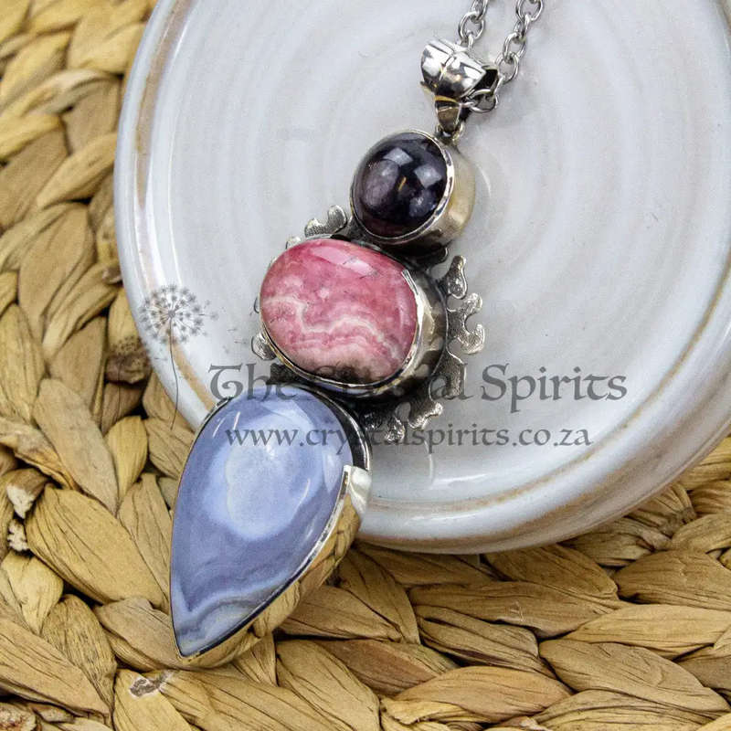 Sterling Silver Madagascan Ruby, Rhodochrosite and Blue Lace Agate Crystal Gemstone Pendant (Nepal)