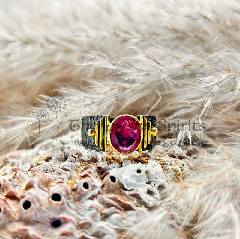 Sterling Silver Rhodium Plated Faceted Rubelite Crystal Gemstone Ring
