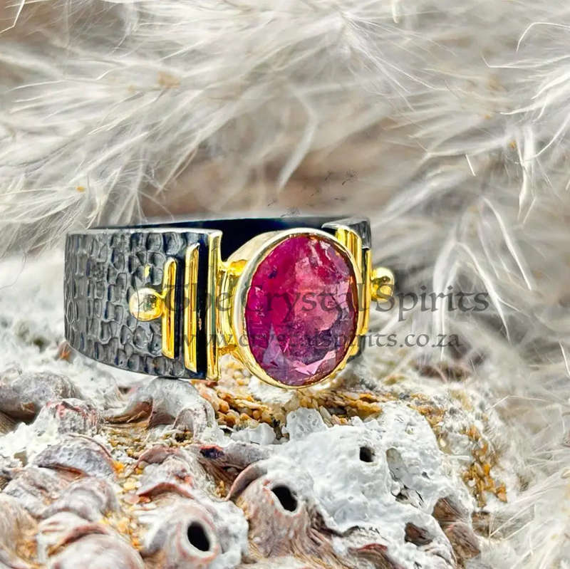 Sterling Silver Rhodium Plated Faceted Rubelite Crystal Gemstone Ring