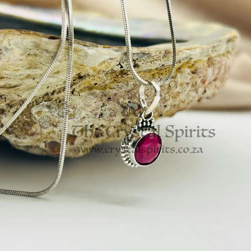 Sterling Silver Ruby Crystal Gemstone Cabochon Pendant