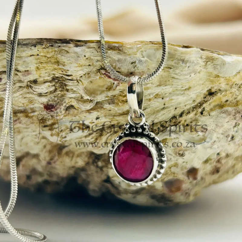 Sterling Silver Ruby Crystal Gemstone Cabochon Pendant