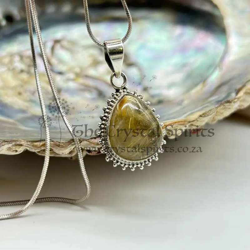 Sterling Silver Small Pear-Shaped Golden Rutile Quartz Crystal Gemstone Cabochon Pendant