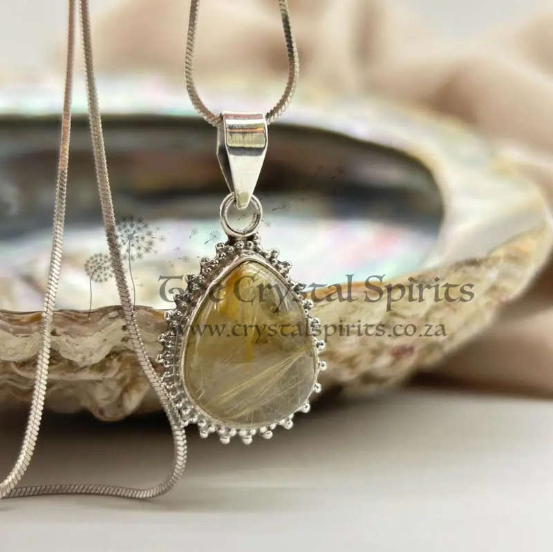Sterling Silver Small Pear-Shaped Golden Rutile Quartz Crystal Gemstone Cabochon Pendant