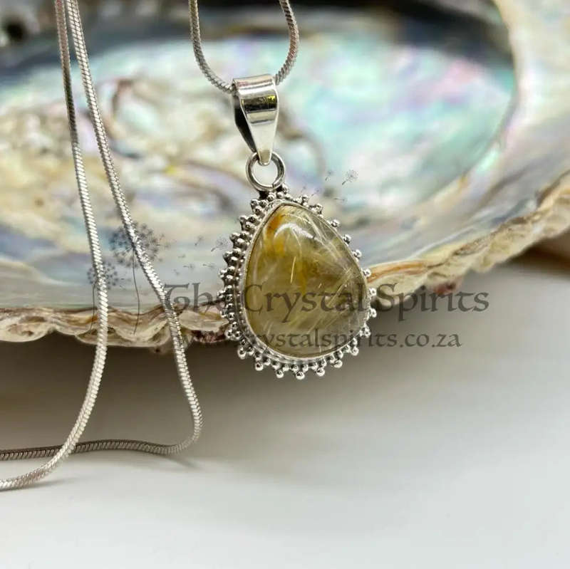 Sterling Silver Small Pear-Shaped Golden Rutile Quartz Crystal Gemstone Cabochon Pendant