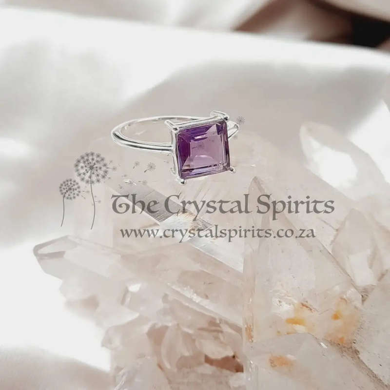 Sterling Silver Square Amethyst Faceted Crystal Ring