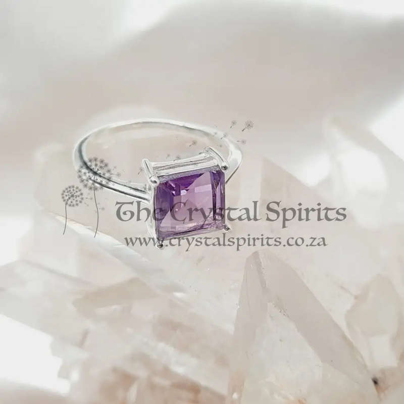 Sterling Silver Square Amethyst Faceted Crystal Ring