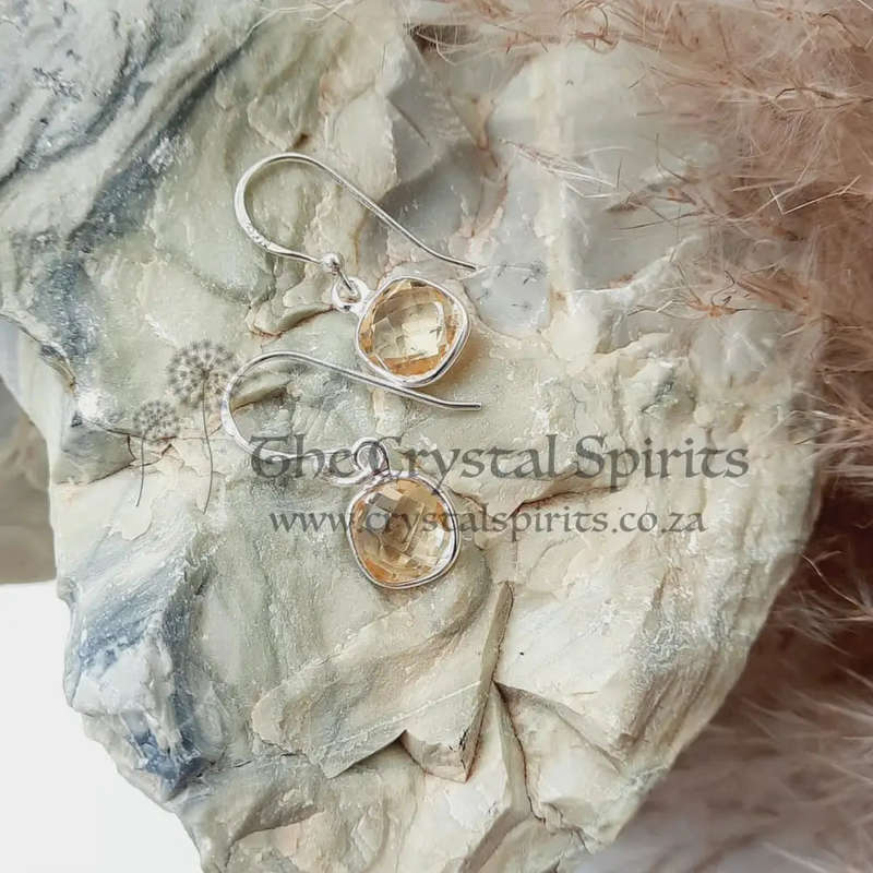 Sterling Silver Square Shaped Citrine Faceted Crystal Earrings
