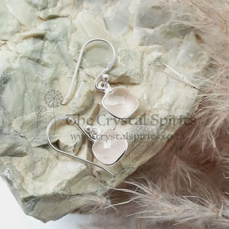 Sterling Silver Square Shaped Rose Quartz Faceted Crystal Earrings