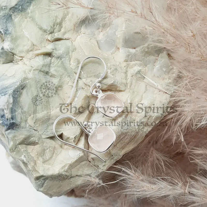 Sterling Silver Square Shaped Rose Quartz Faceted Crystal Earrings