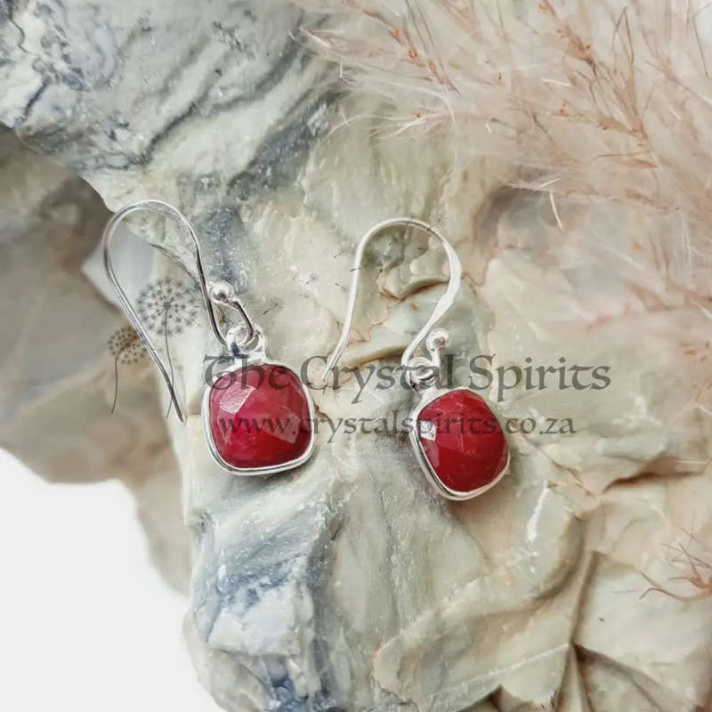 Sterling Silver Square Shaped Ruby Faceted Crystal Earrings