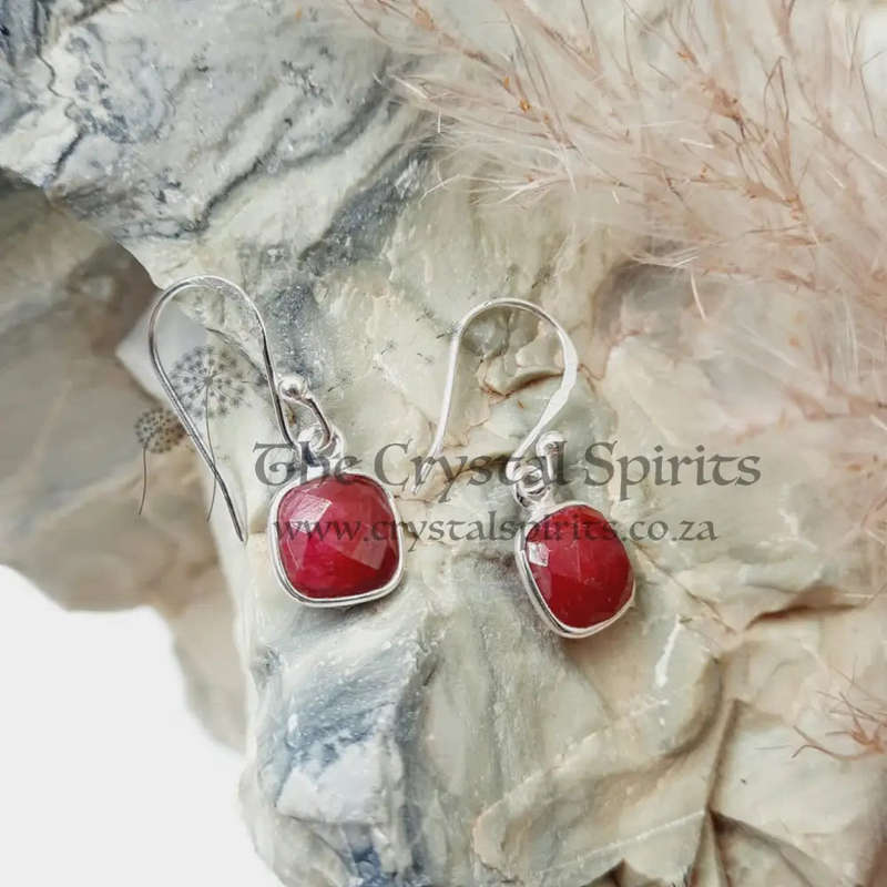 Sterling Silver Square Shaped Ruby Faceted Crystal Earrings
