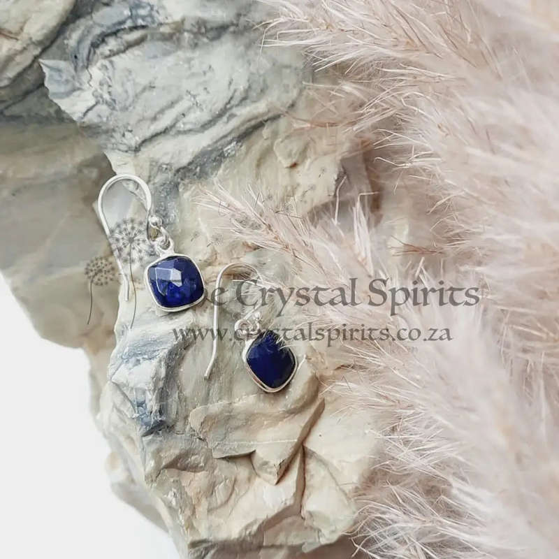 Sterling Silver Square Shaped Sapphire Faceted Crystal Earrings