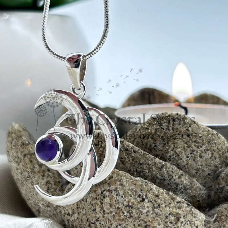 Sterling Silver Triple Crescent Moon Crystal Pendant with Amethyst