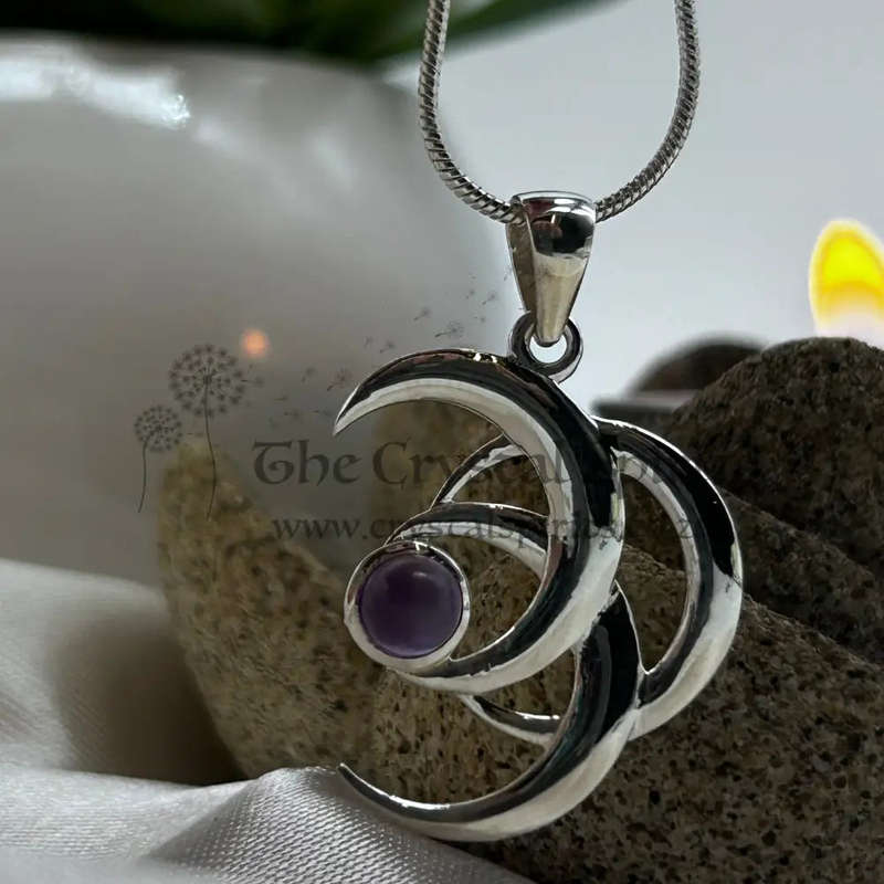 Sterling Silver Triple Crescent Moon Crystal Pendant with Amethyst