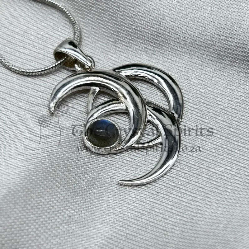 Sterling Silver Triple Crescent Moon Crystal Pendant with Labradorite
