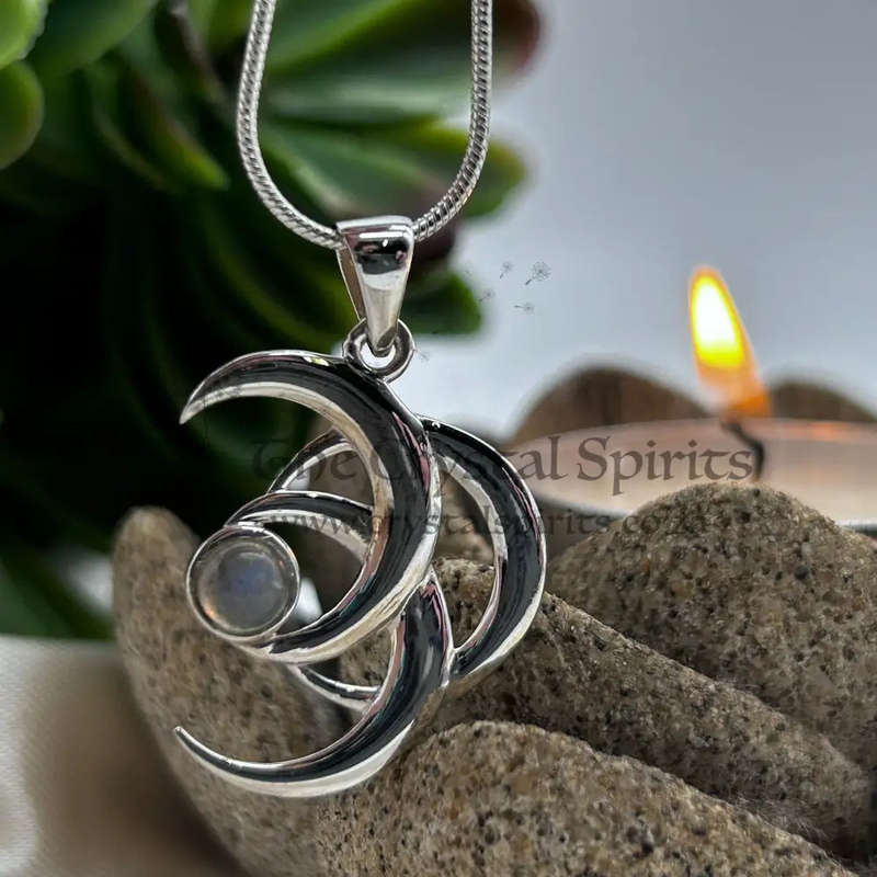 Sterling Silver Triple Crescent Moon Crystal Pendant with Labradorite