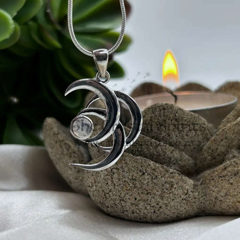 Sterling Silver Triple Crescent Moon Crystal Pendant with Moonstone