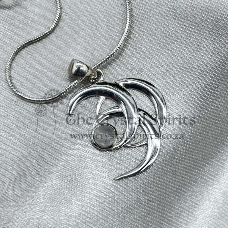 Sterling Silver Triple Crescent Moon Crystal Pendant with Moonstone