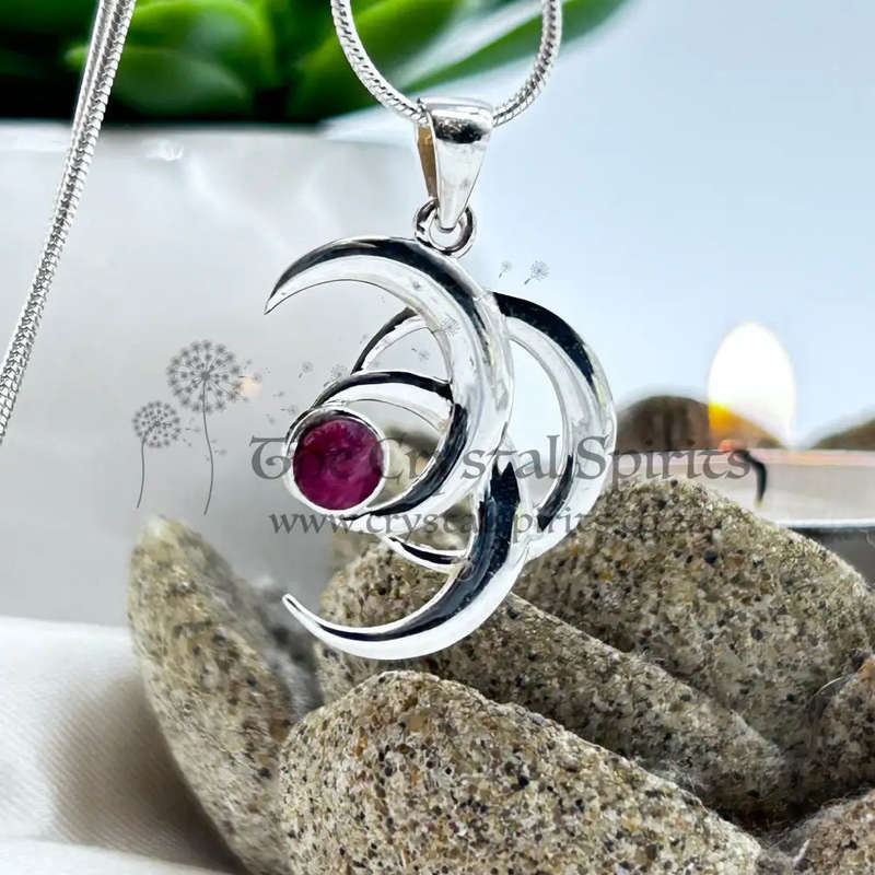 Sterling Silver Triple Crescent Moon Crystal Pendant with Ruby
