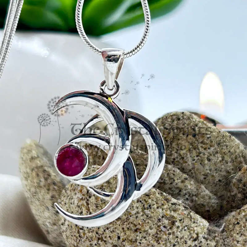 Sterling Silver Triple Crescent Moon Crystal Pendant with Ruby