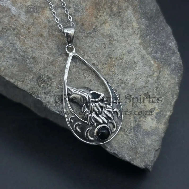 Sterling Silver Wolf With Moon Pendant