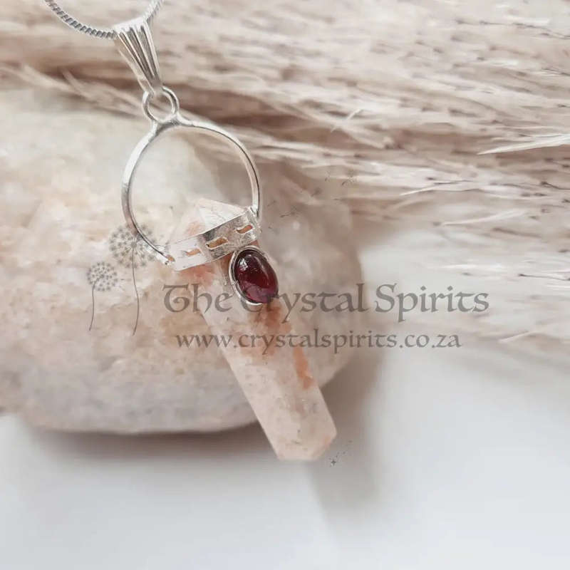 Sunstone with Garnet Cabochon DT Crystal Pendant