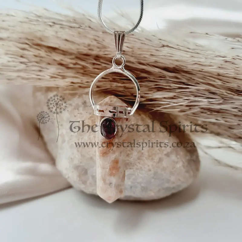 Sunstone with Garnet Cabochon DT Crystal Pendant