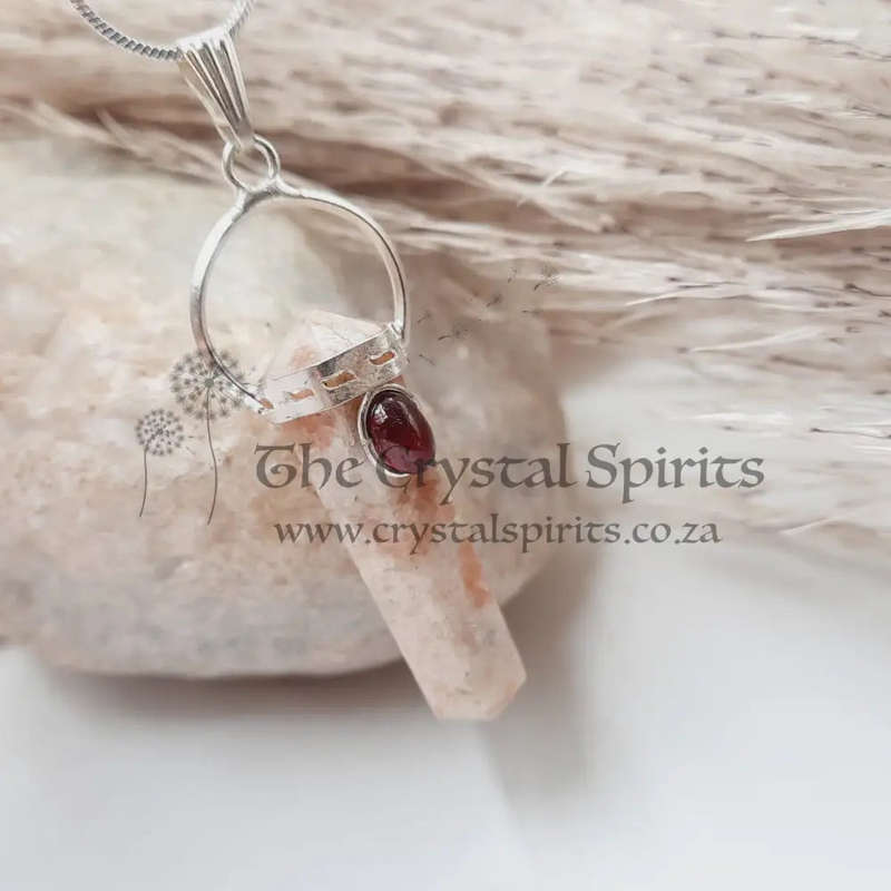 Sunstone with Garnet Cabochon DT Crystal Pendant
