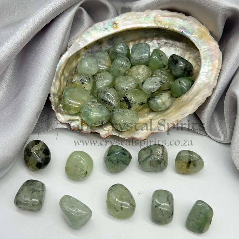 Tumbled Prehnite with Black Tourmaline