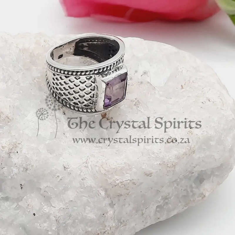 Unique Square Shaped Sterling Silver Crystal Amethyst Ring