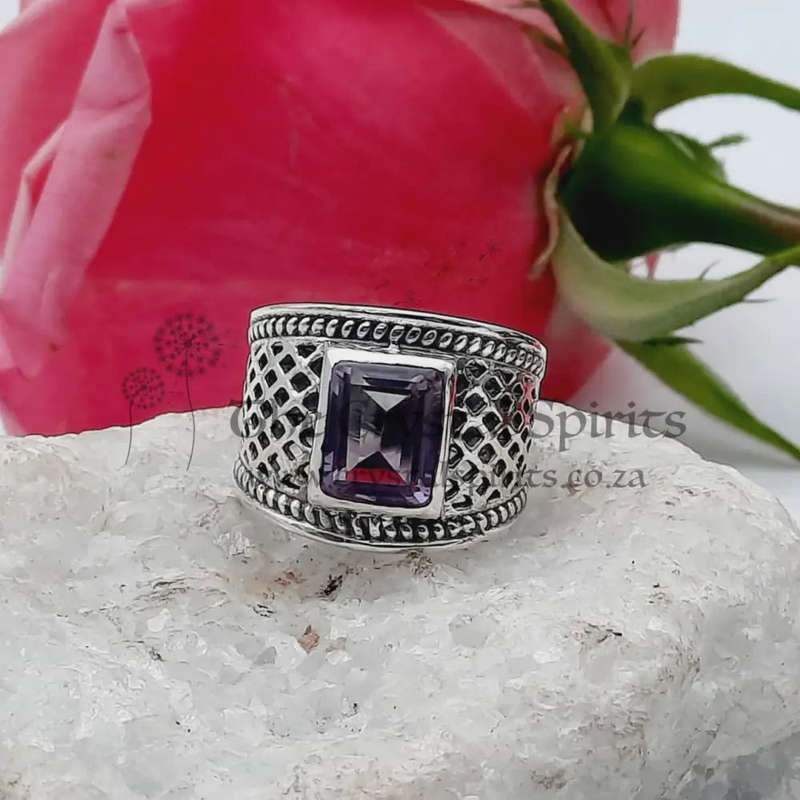 Unique Square Shaped Sterling Silver Crystal Amethyst Ring