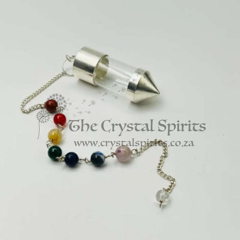 White Metal Glass Vial Pendulum With Chakra Chain