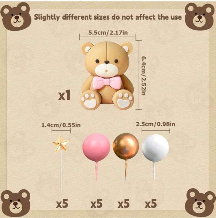 21pc Cake Topper Bear Stars and Faux Ball Brown Set