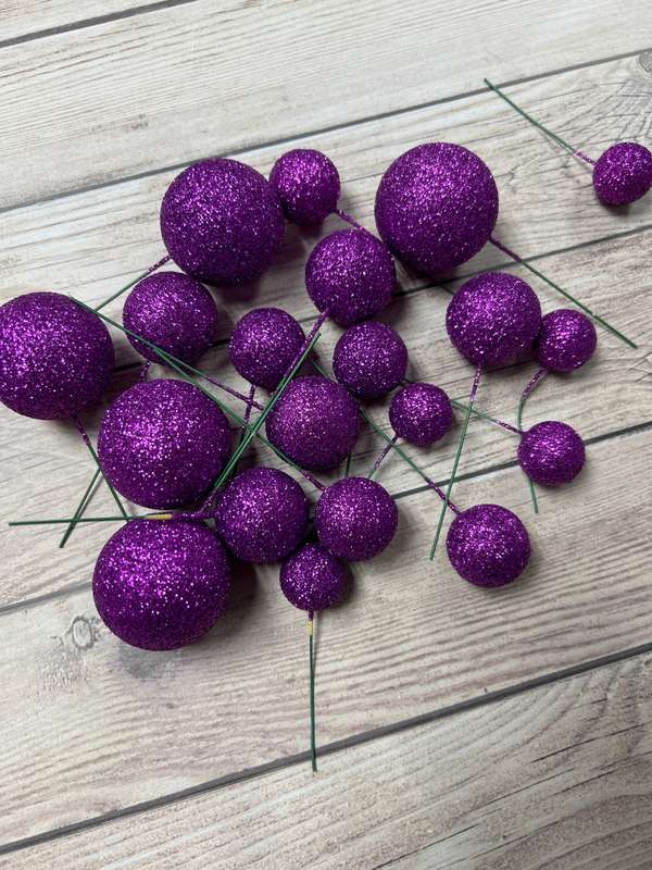 Cake Topper Polystyrene Faux Balls Purple Glitter