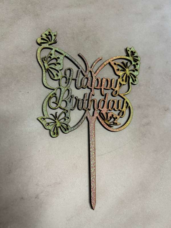 Wooden Cake Topper Happy Birthday Rainbow Butterflies