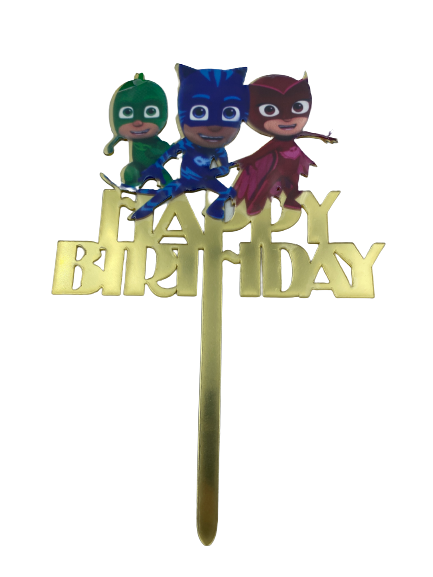 Nr114 Acrylic Cake Topper Happy Birthday PJ Mask Gold