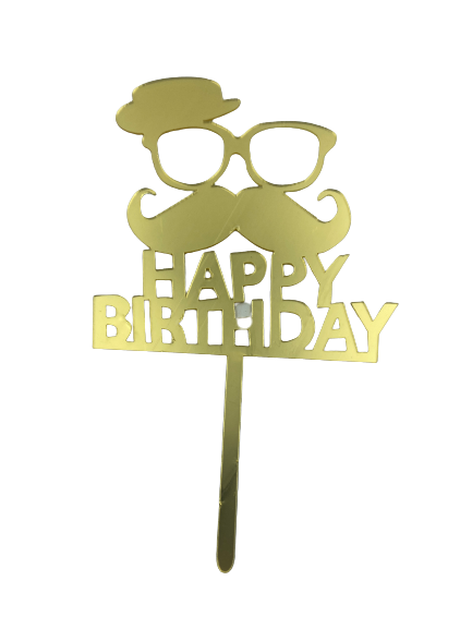 Nr196 Acrylic Cake Topper Happy Birthday Gold Moustache